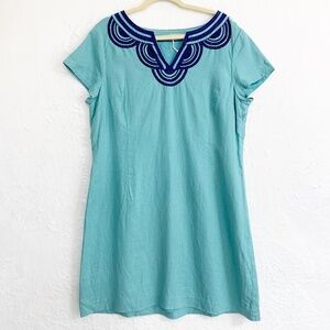Boden Embroidered Linen Shift Dress Teal Sz US 14